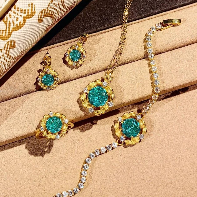 Blue Rose Crystal Jewelry Set | Necklace Ring Bracelet Earrings 4-Piece Bundle